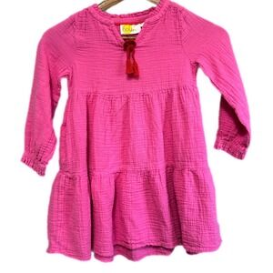 Boden Tiered Gauze Dress Girls 5-6Y Pink Excellent Tassel Boho Long Sleeve
